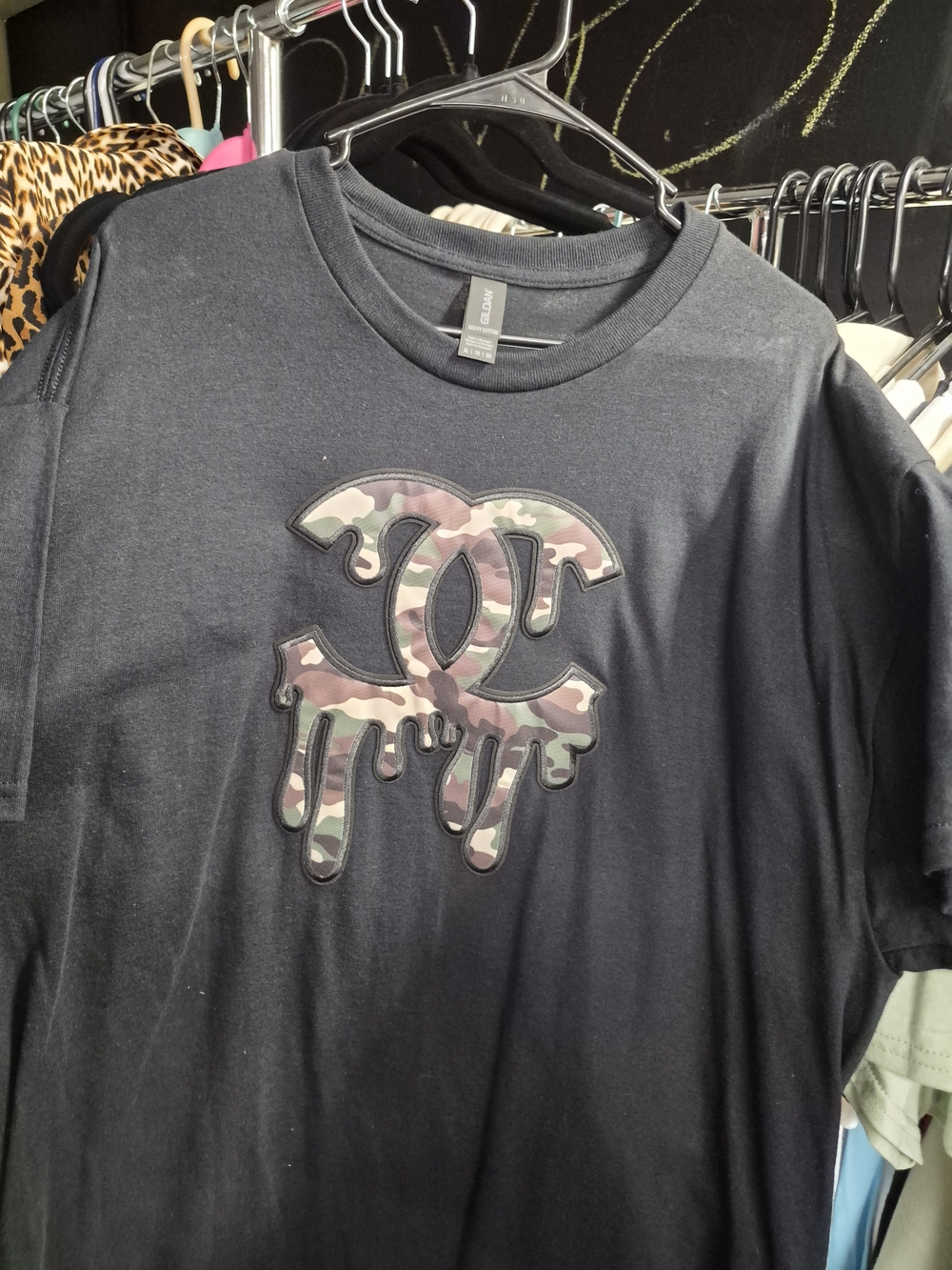 Gildan Designer Inspired Black Tee with Camo Drip Logo